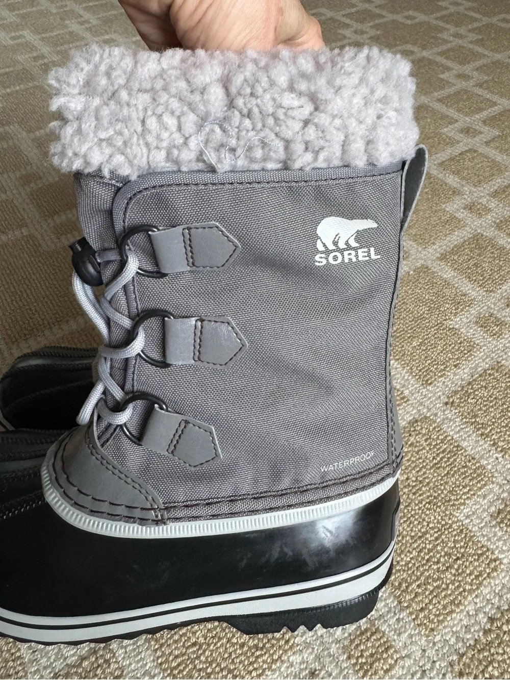 Sorel Yoot Pac Nylon Waterproof Snow Boots Quarry Dove Gray Black Kids Size 1